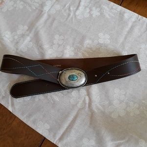 Brown Faux Leather Silver & Turquoise Buckle Belt
